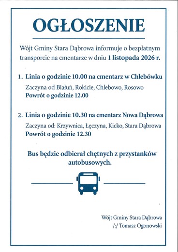 Darmowy transport na Cmentarze Gminne  w dniu 1 listopada