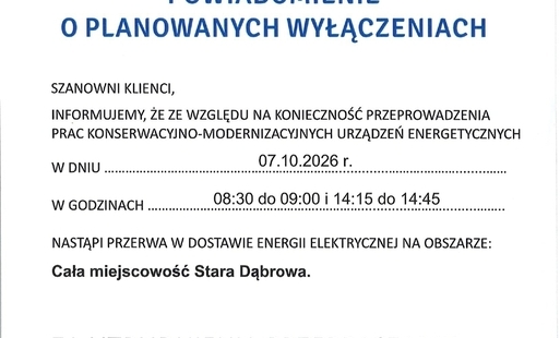 Zdjęcie do Informacja o planowanej przerwie w dostawie prądu na terenie Starej Dąbrowy